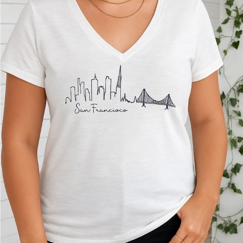Kavio White V-Neck Tee with Skyline Design